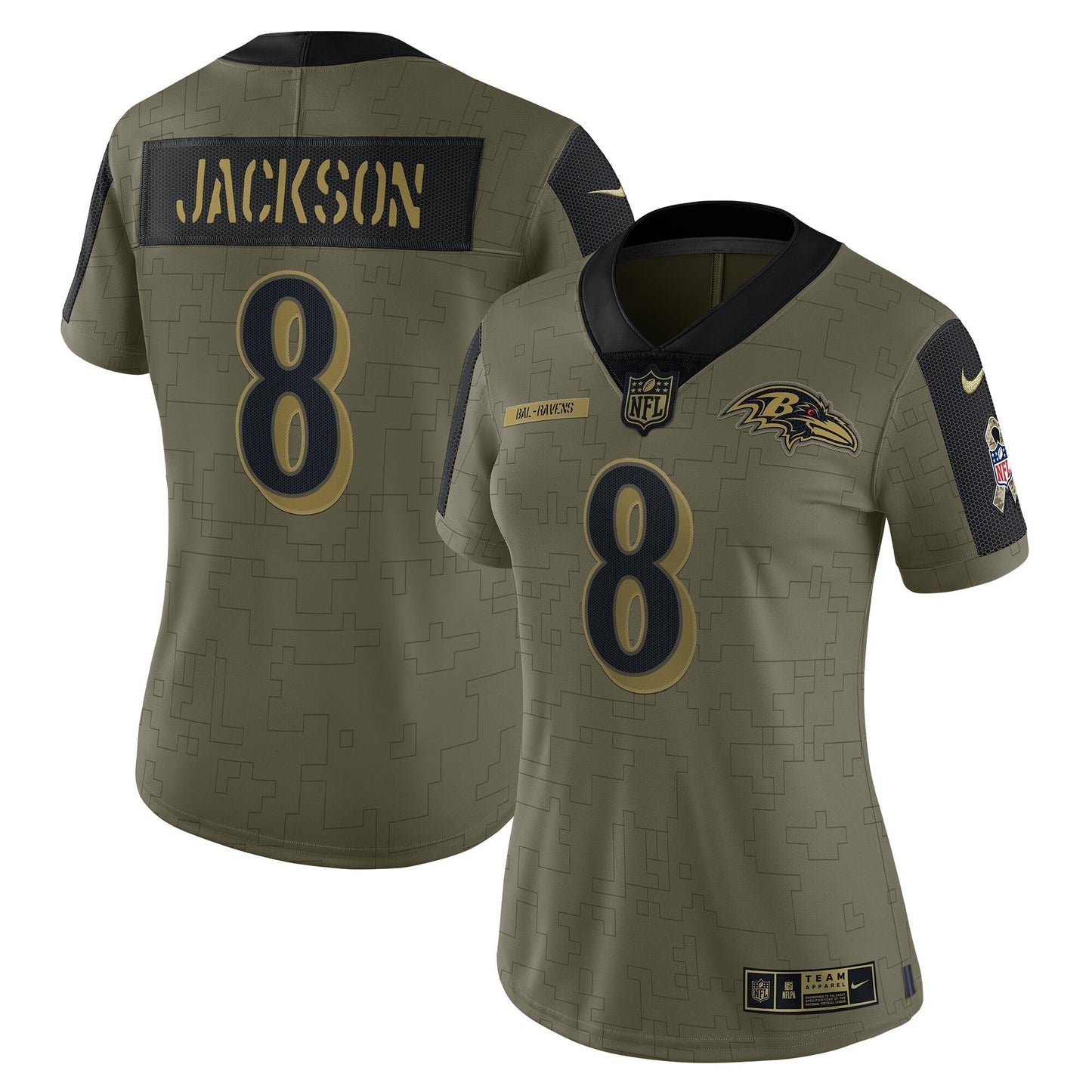 Women's Nike Lamar Jackson Olive Baltimore Ravens 2021 Salute To Service Limited Player Jersey